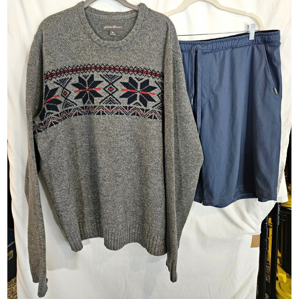 Eddie Bauer Sweater & Shorts Bundle Mens XL Gray Navy Excellent Fair Isle Knit